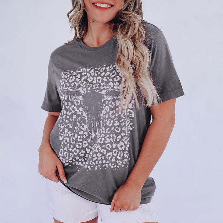 New Leopard Print Top European And American Fashion Women's Wear Round Neck Short Sleeve Loose T-shirt