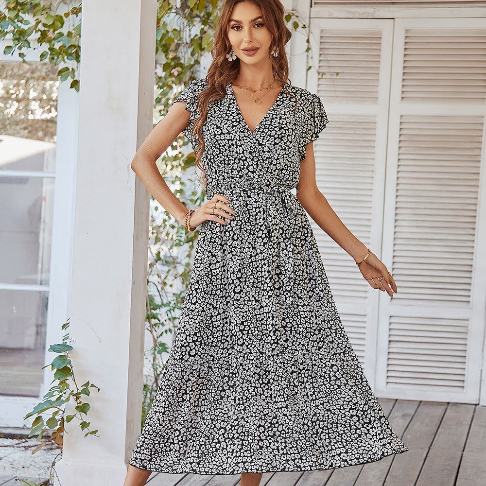 Summer Dresses Ruffle Cap Sleeve V Neck Belt Wrap Split Boho Floral Long Casual Party Beach Dress - Jointcorp