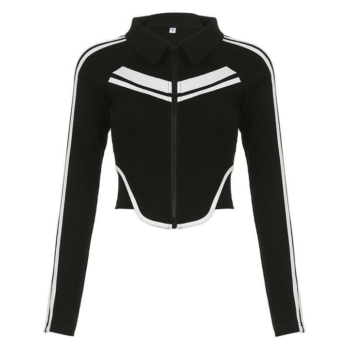 Sweet And Spicy Style Polo Collar Striped Short Stitching Coat Zipper Cardigan Long-sleeve T-shirt