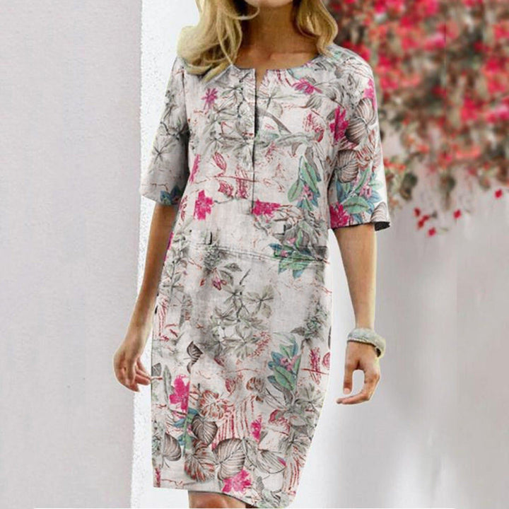 Vintage Dress Women Summer Floral Leaf Print Slit Round Neck Half Sleeve Dresses - Jointcorp