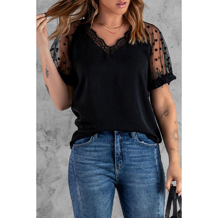 Lace Short Sleeve Top Ladies Slim Fit V-Neck Pullover T-Shirt - Jointcorp