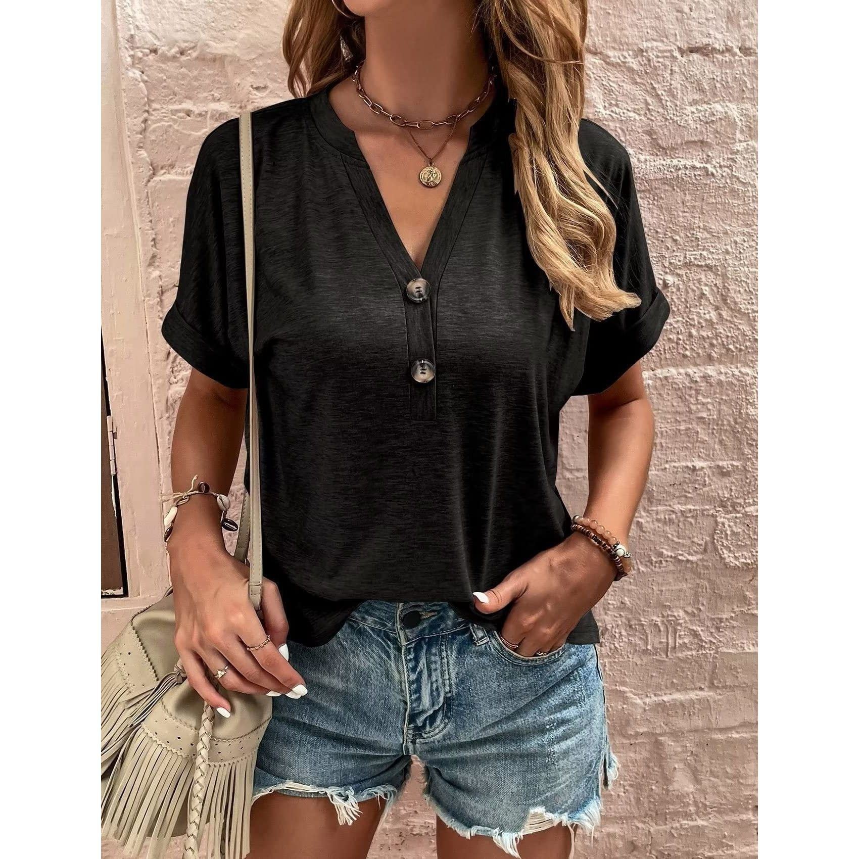 European And American Spring And Summer Solid Color Button Fashion T-shirt