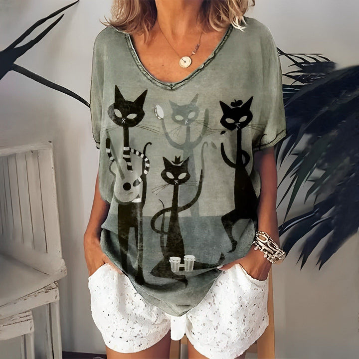 Women's Casual Short Sleeve V-Neck Cat 3D Print Top - Jointcorp