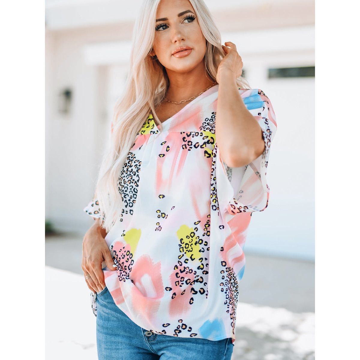 Women's Batwing Sleeve Loose V-neck Pullover Top