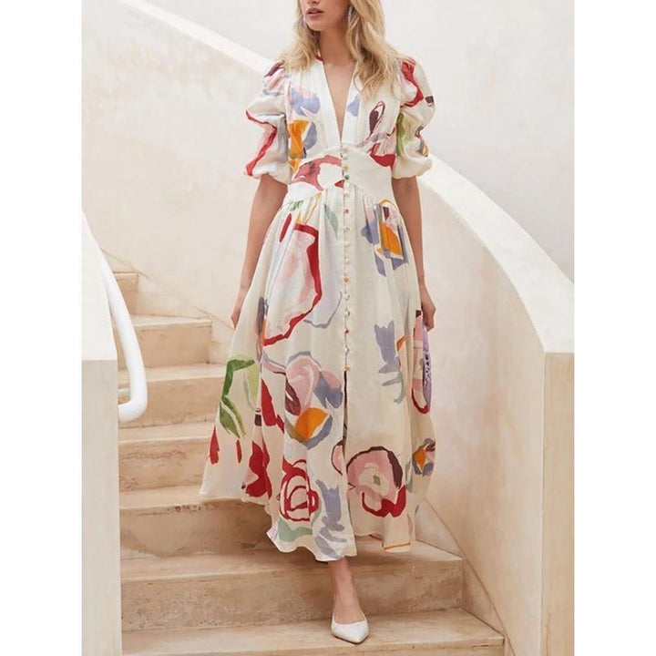 Print Dresses For Women Summer V-neck Button Short Sleeve Dress - Jointcorp