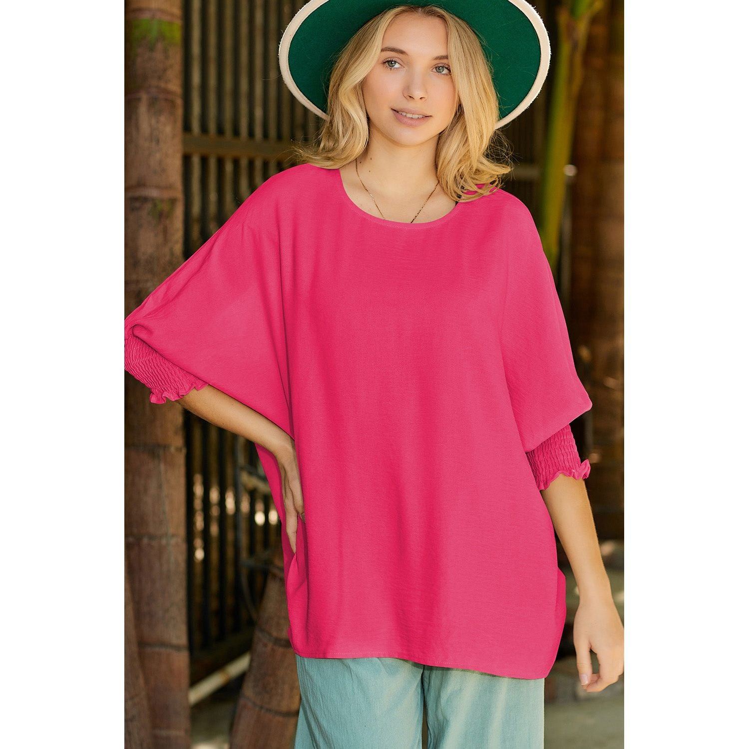 White Plain & Casual Shirred Cuffs Half Sleeve Top