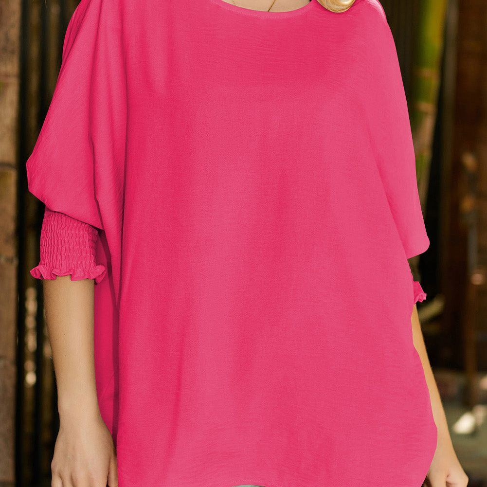 White Plain & Casual Shirred Cuffs Half Sleeve Top