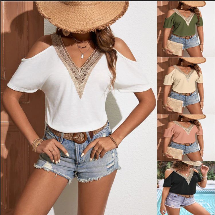 Summer New V-neck Casual Hollow Sleeve Short Sleeve Solid Color Top - Jointcorp