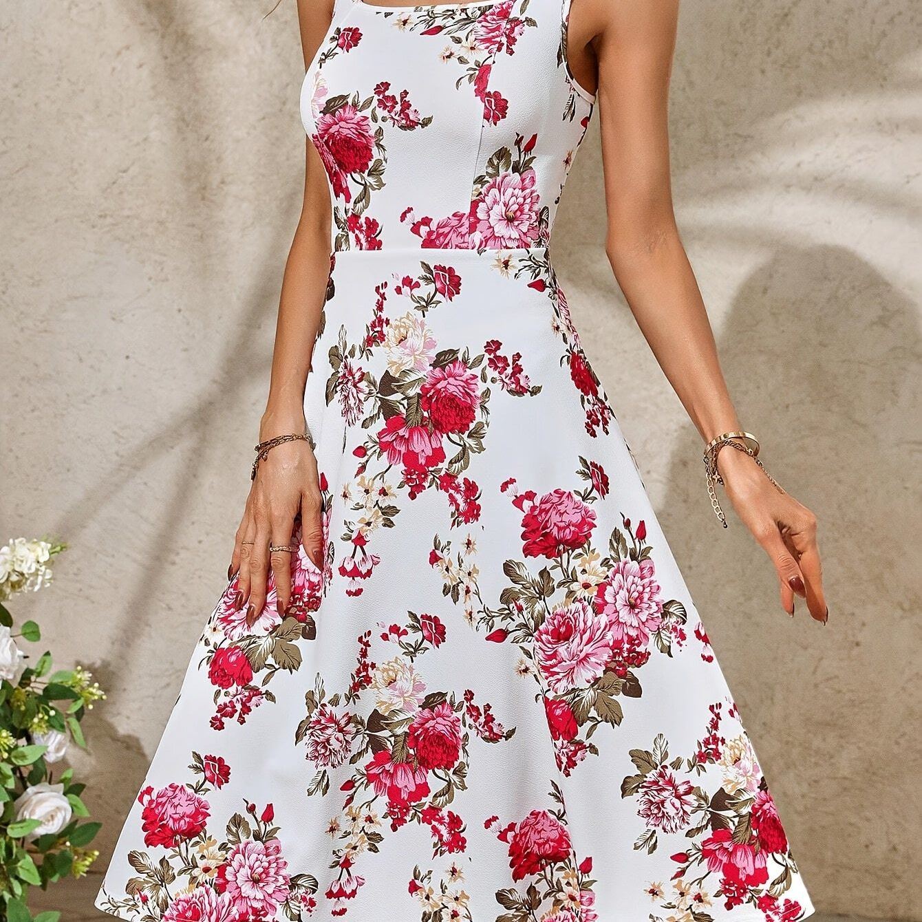Floral Print Square Neck Tank Dress, Elegant Sleeveless Waist Dress, Women's Clothing