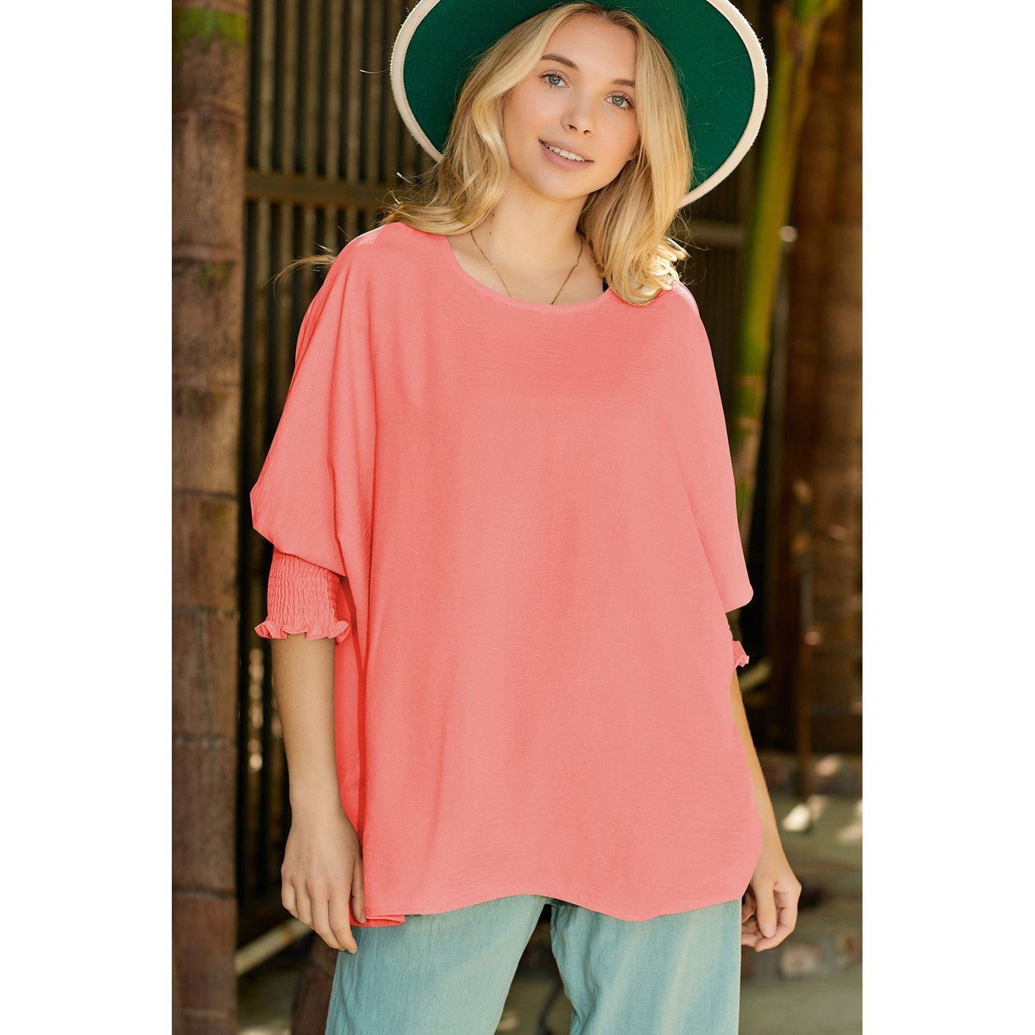 White Plain & Casual Shirred Cuffs Half Sleeve Top