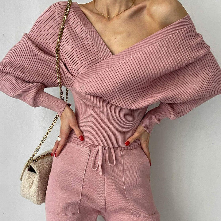 Leaky Shoulder Bat Sleeve V-neck Foreign Style Knitted Sweater Two-piece Set - Jointcorp