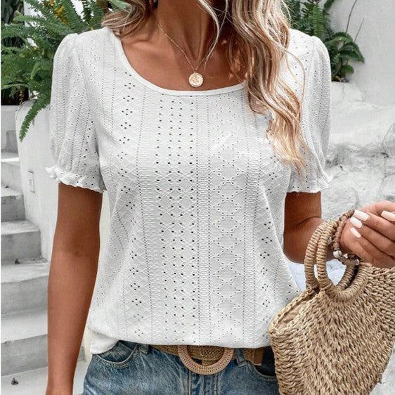 Women's  Hole Hollow-out Round Neck Ruffled T-shirt