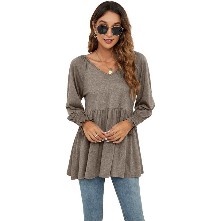 Women's New V-neck Puff Long-sleeved Tunic T-shirt - Jointcorp