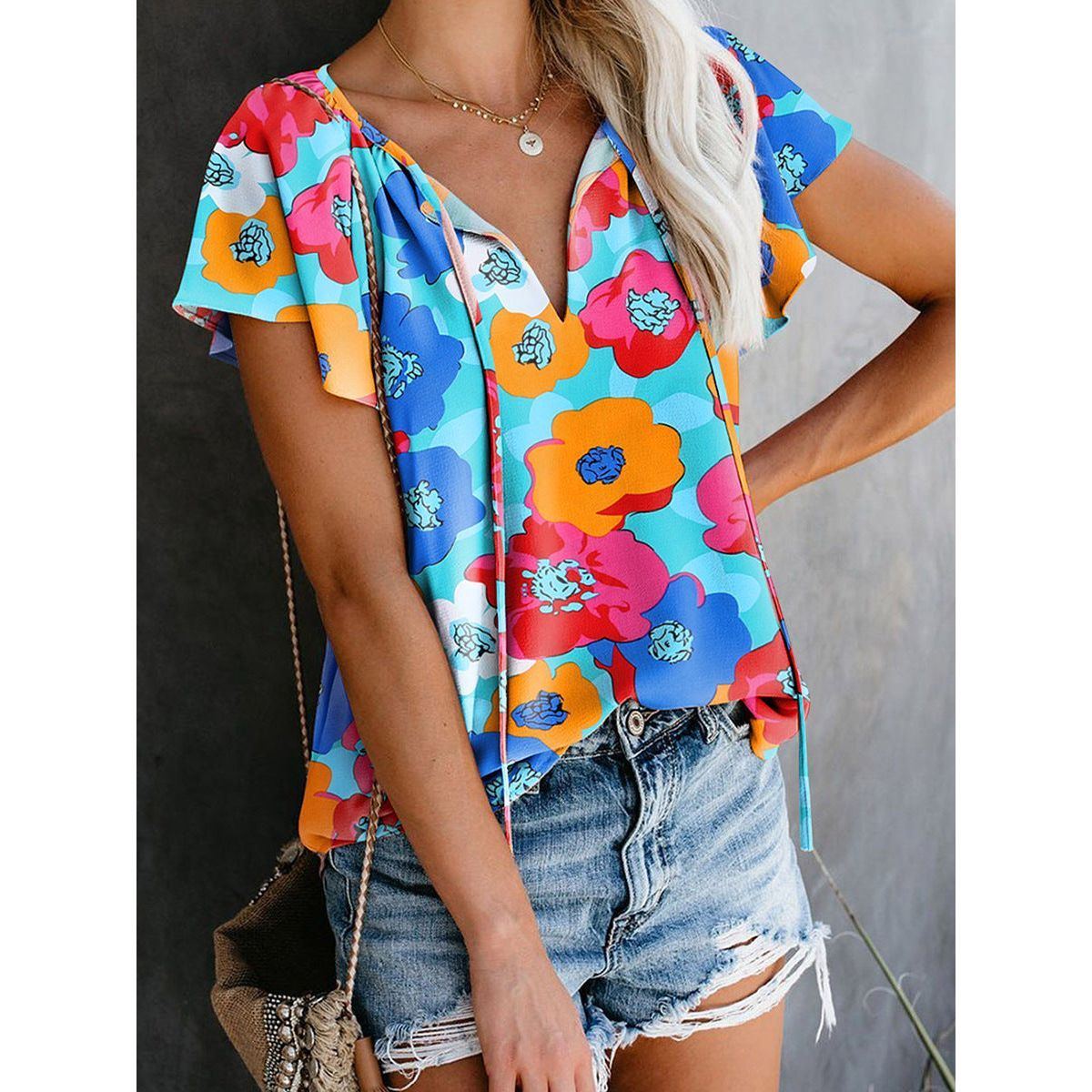 Floral Print Drawstring V-neck Short Sleeve - Jointcorp