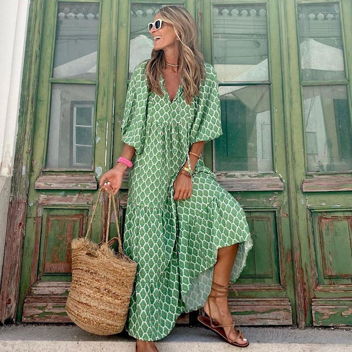Summer Women's Vintage Printed Bohemian Dress Elegant Ladies Casual Loose V-Neck Short Sleeve Long Dresses - Jointcorp