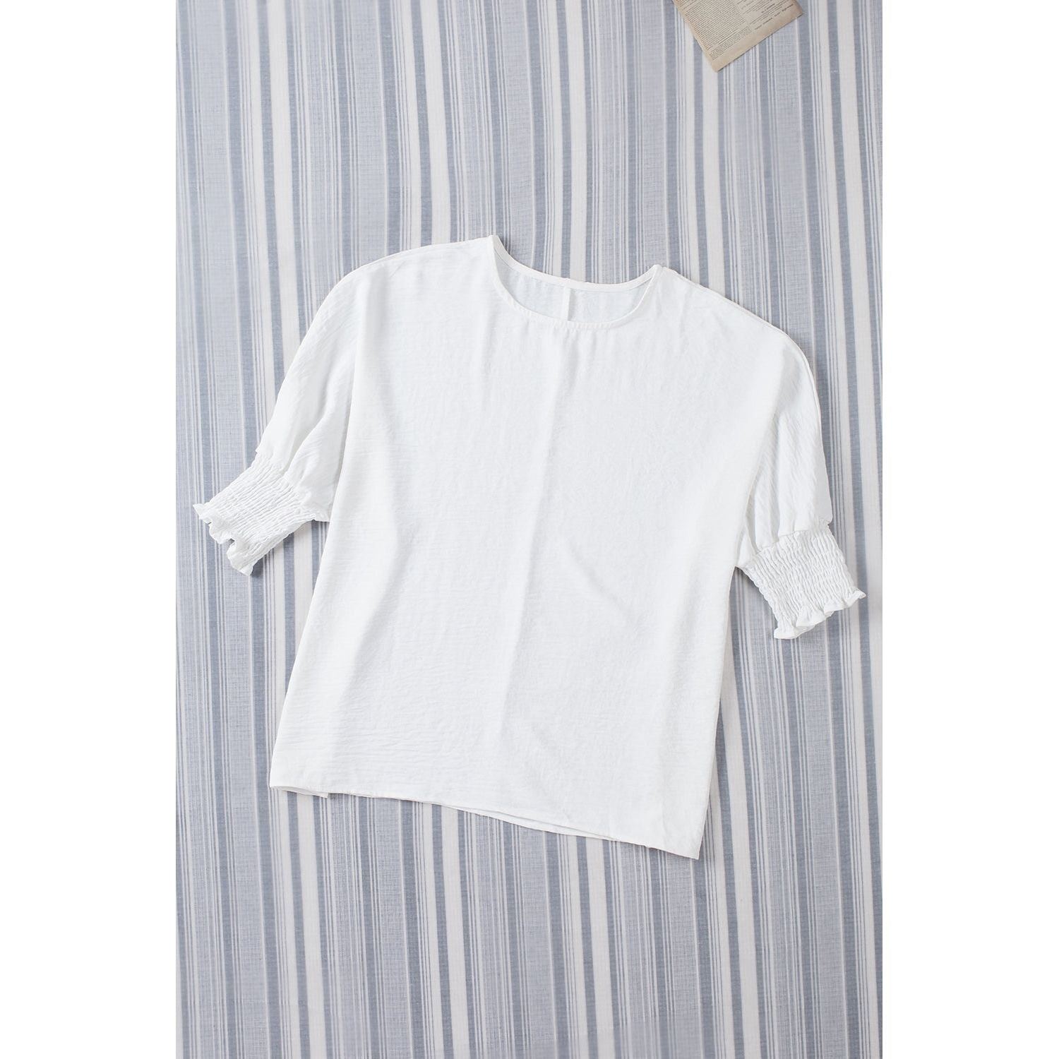 White Plain & Casual Shirred Cuffs Half Sleeve Top