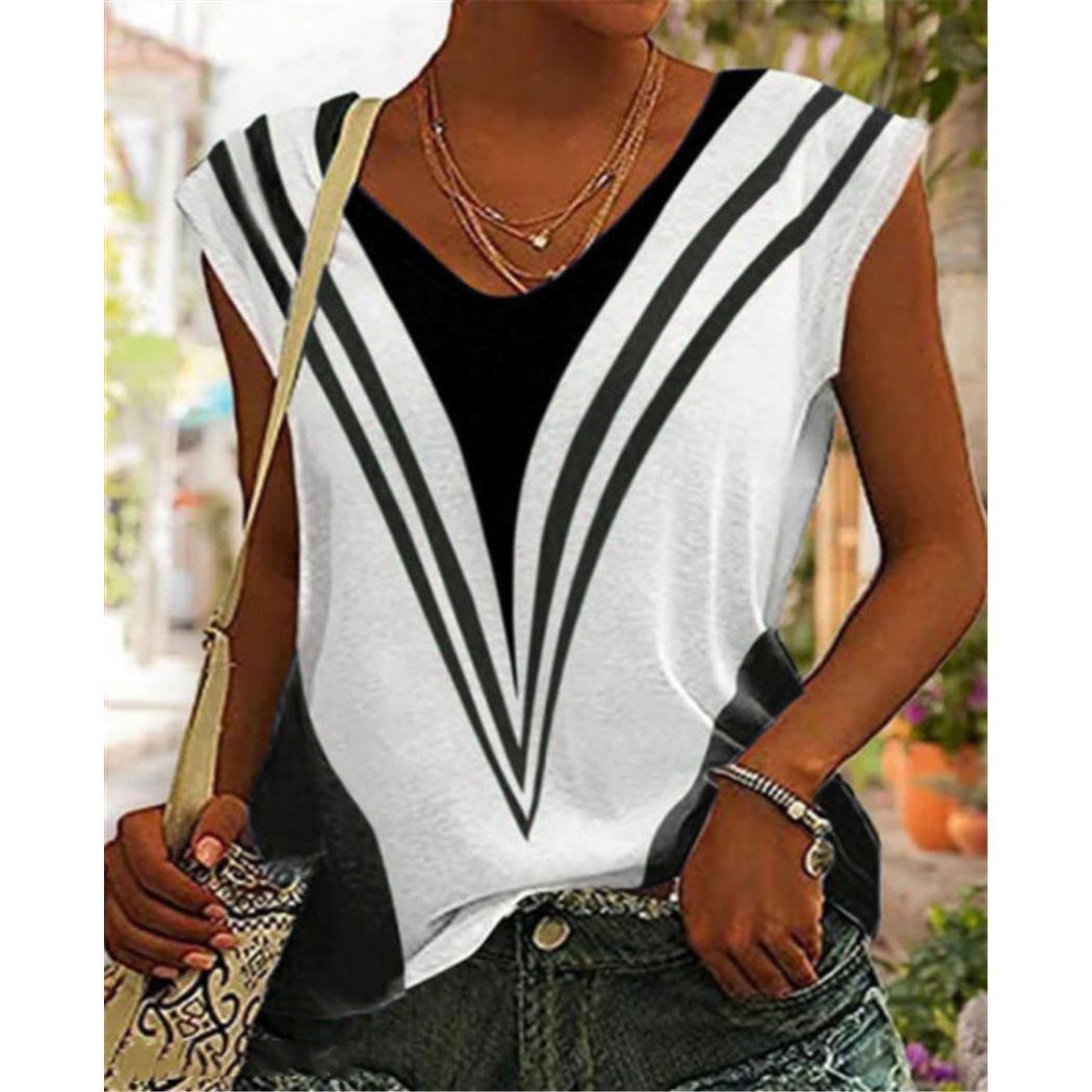 V-neck Casual Loose Striped Printed Short Sleeve T-shirt