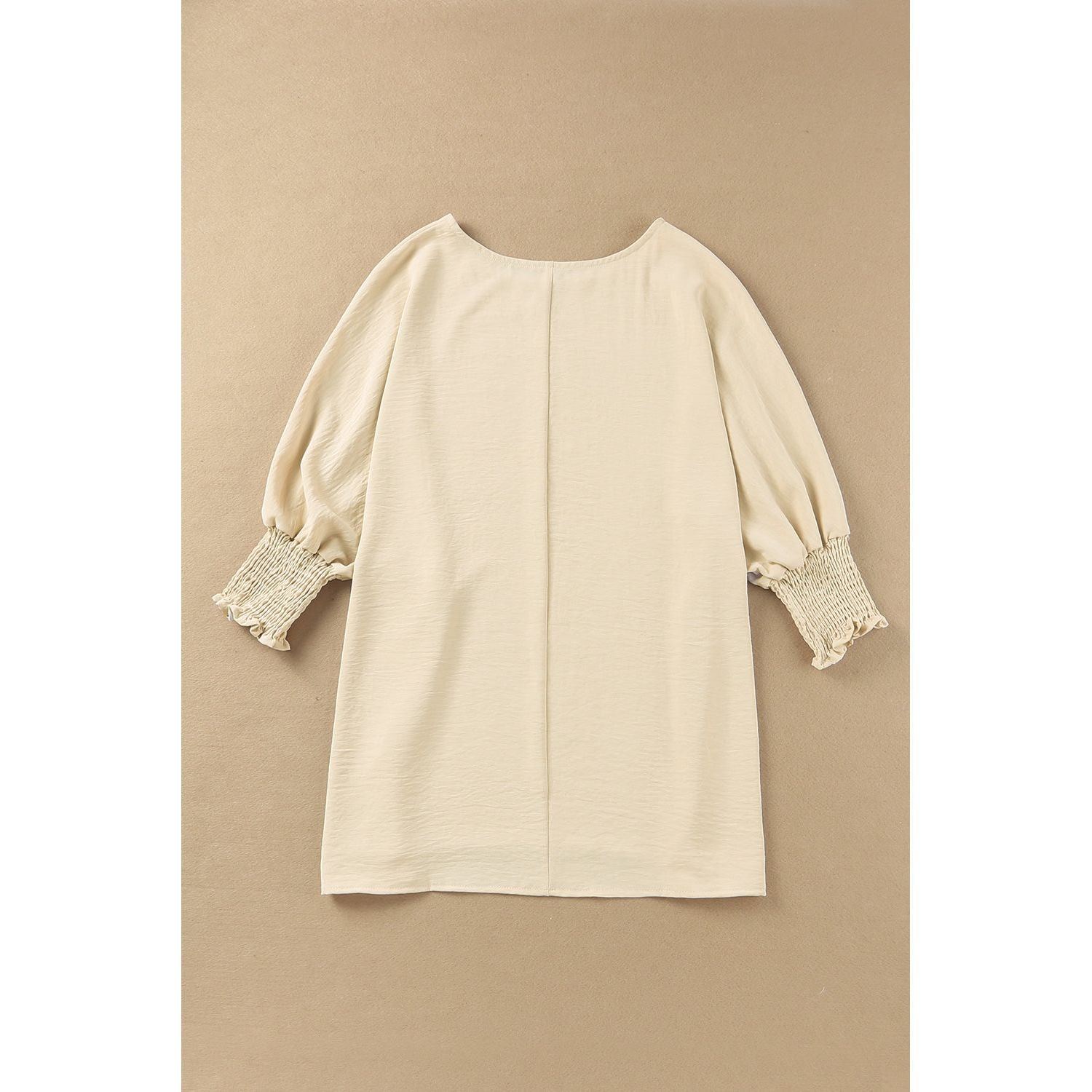 White Plain & Casual Shirred Cuffs Half Sleeve Top