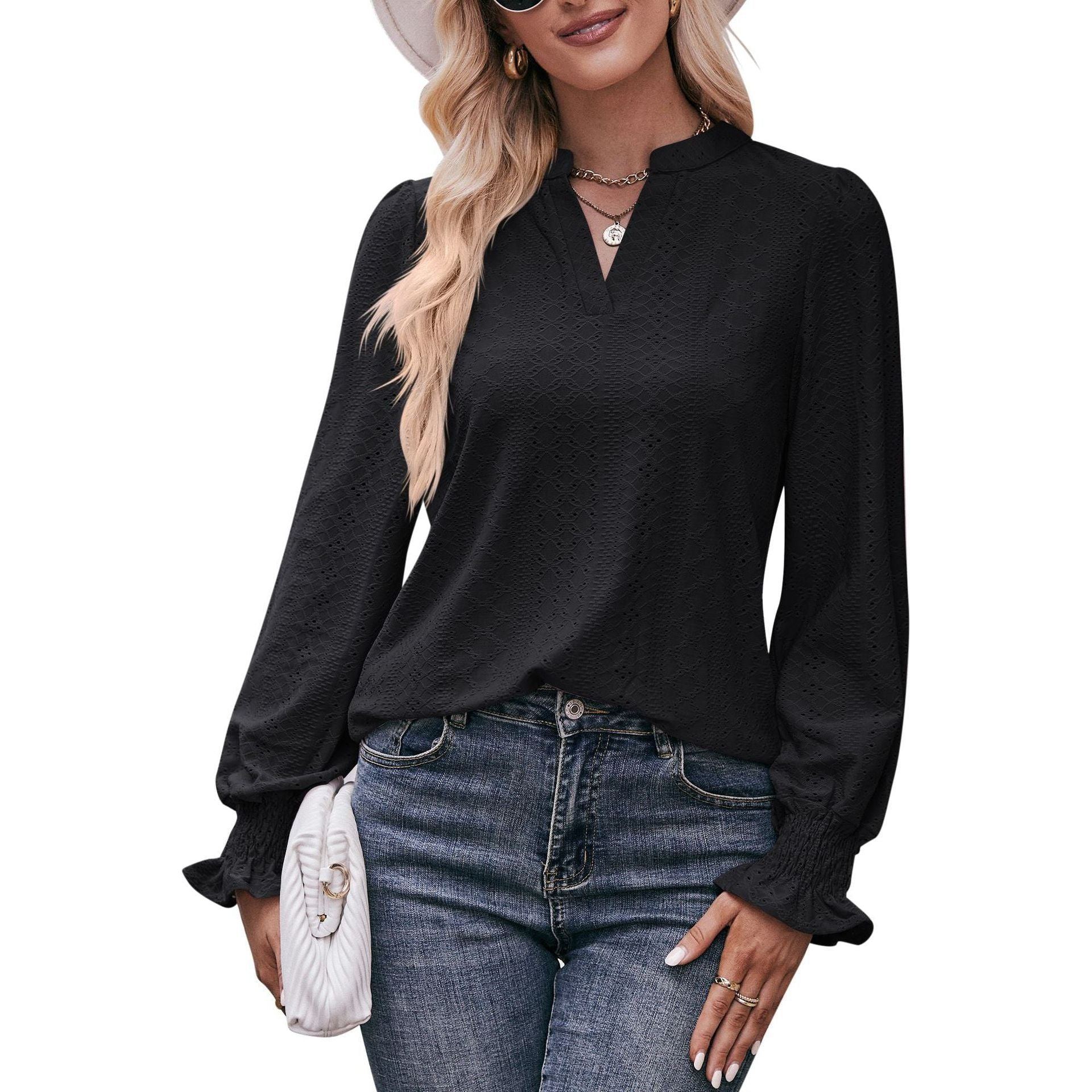 European And American Solid Color T-shirt Hole V-neck