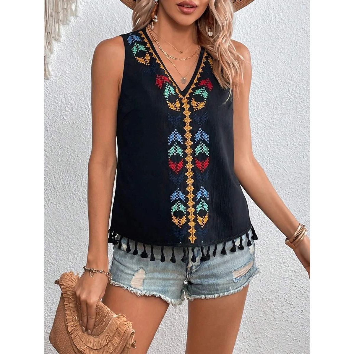 Women's Summer Ethnic Style V-neck Embroidery Vest Top