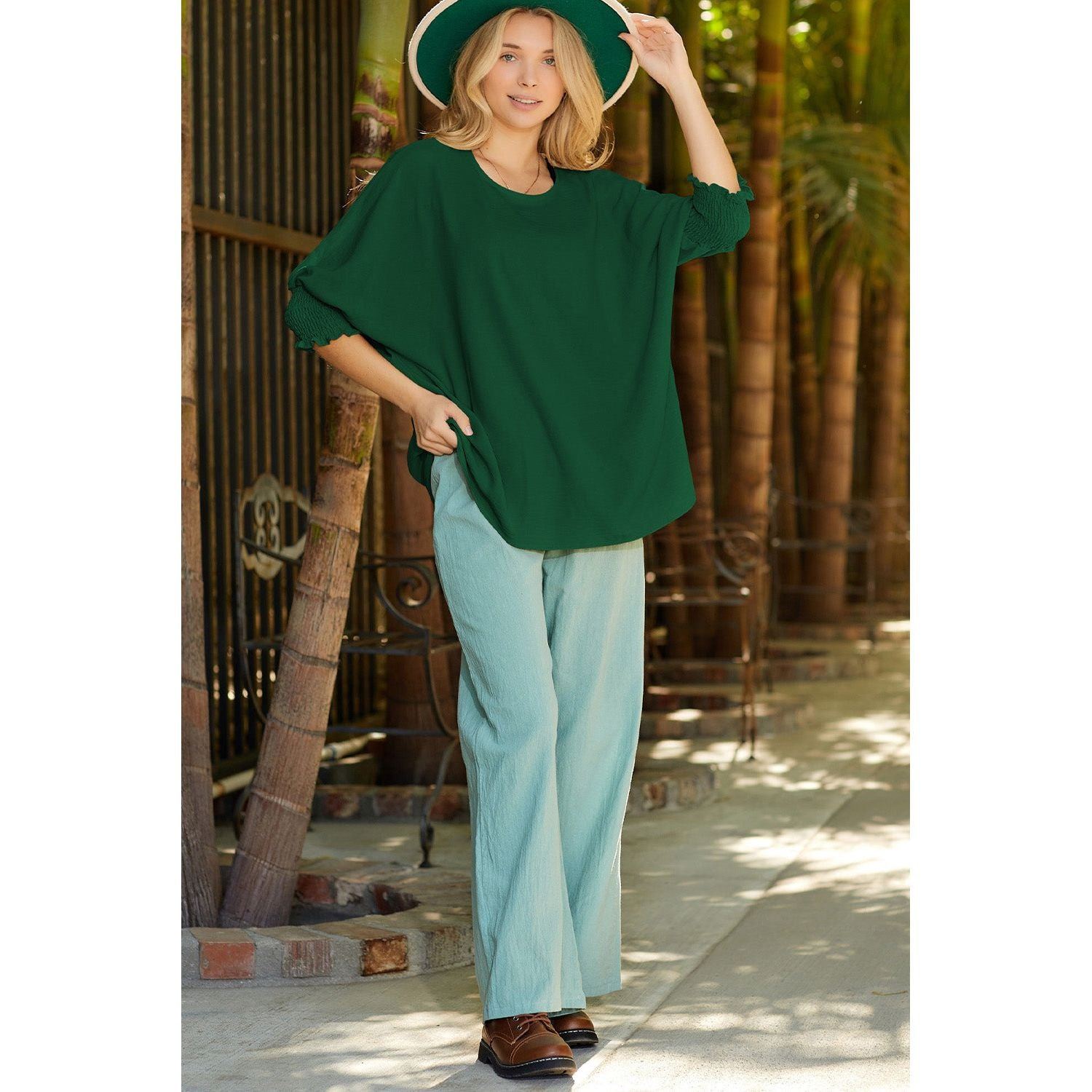 White Plain & Casual Shirred Cuffs Half Sleeve Top