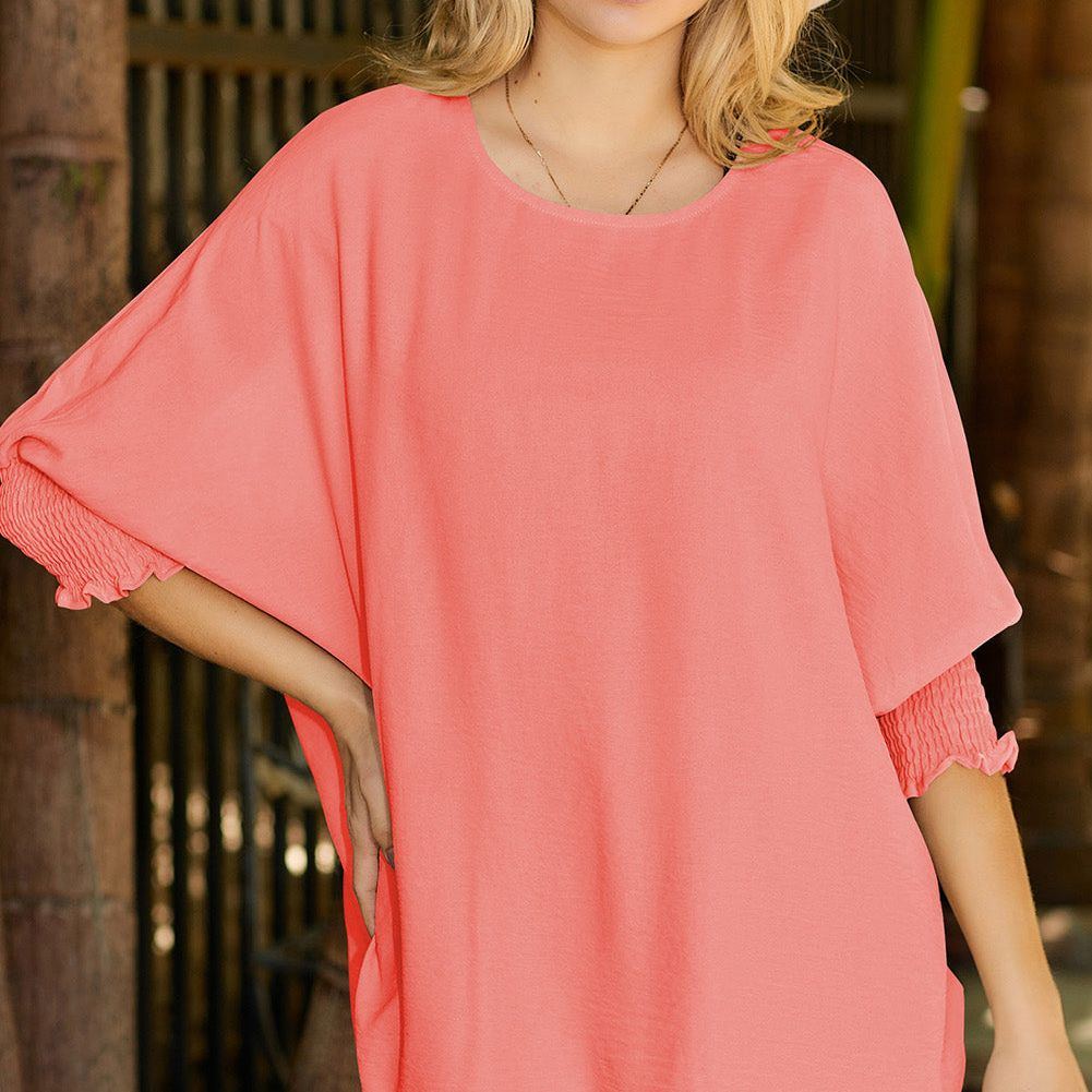 White Plain & Casual Shirred Cuffs Half Sleeve Top