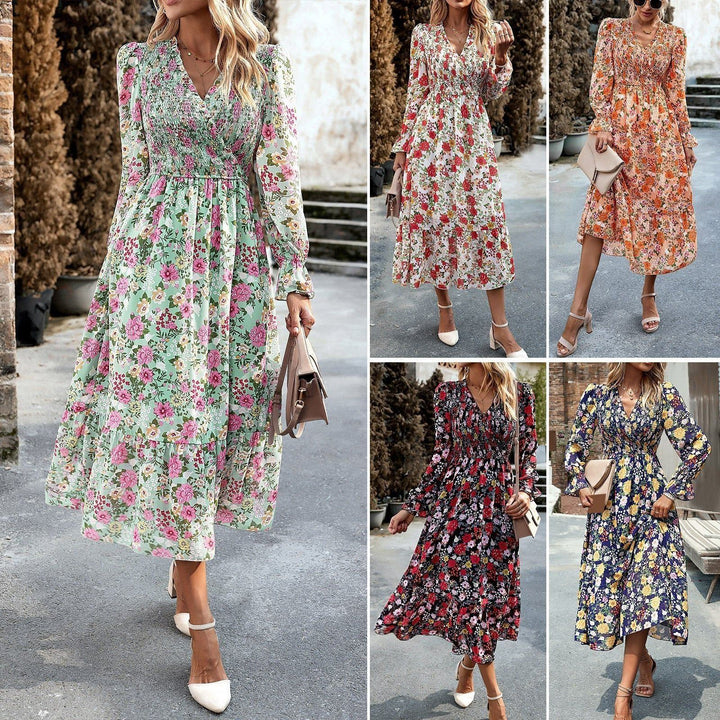Women's Fashion Elegant V-neck Print Dress - Jointcorp