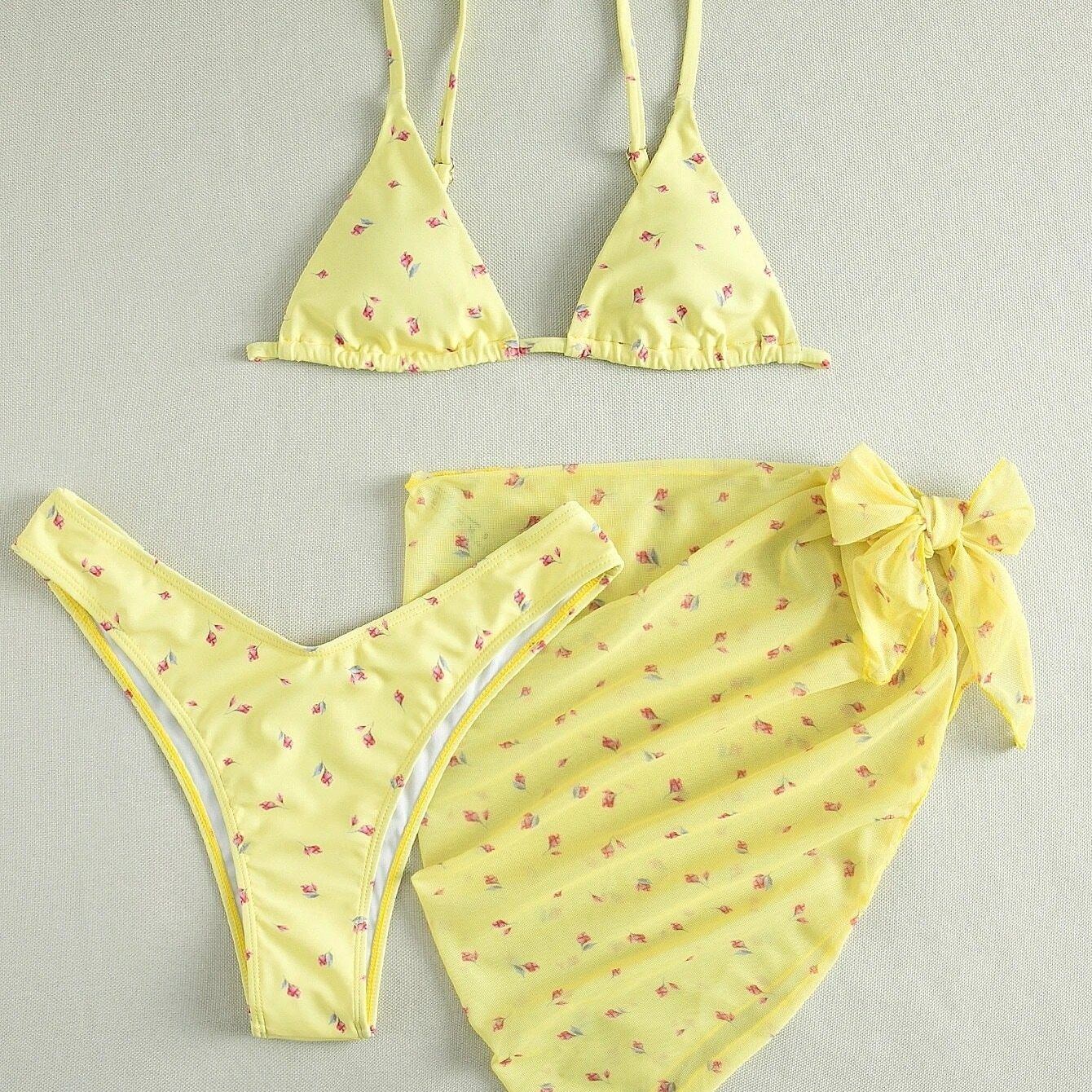 Women's Beach Style Printed Swimsuit Three Piece Set