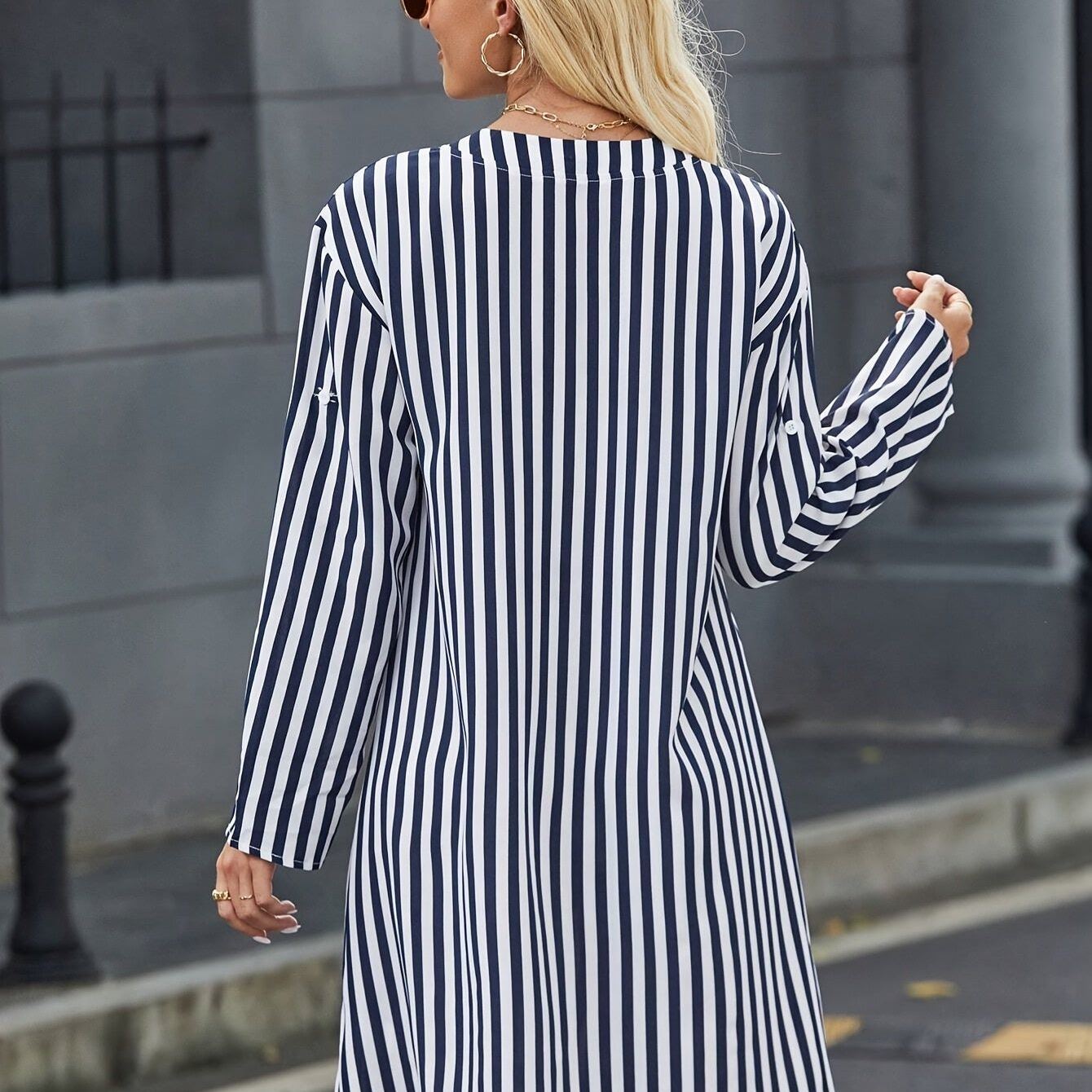 Striped Print Notched Neck Dress, Casual Long Sleeve Dress For Spring & Summer, Women's Clothing For Elegant Dressing