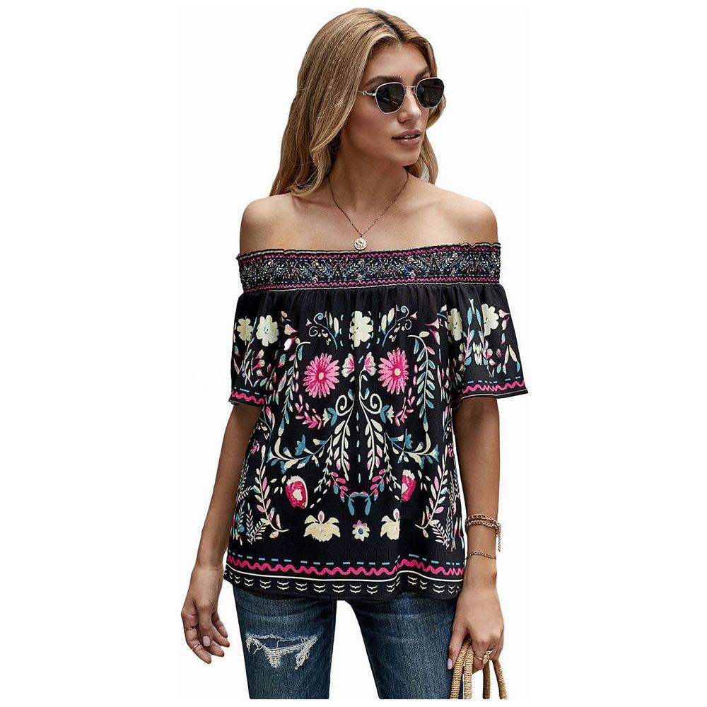Women's Printed T-shirt Loose Off Shoulder Top