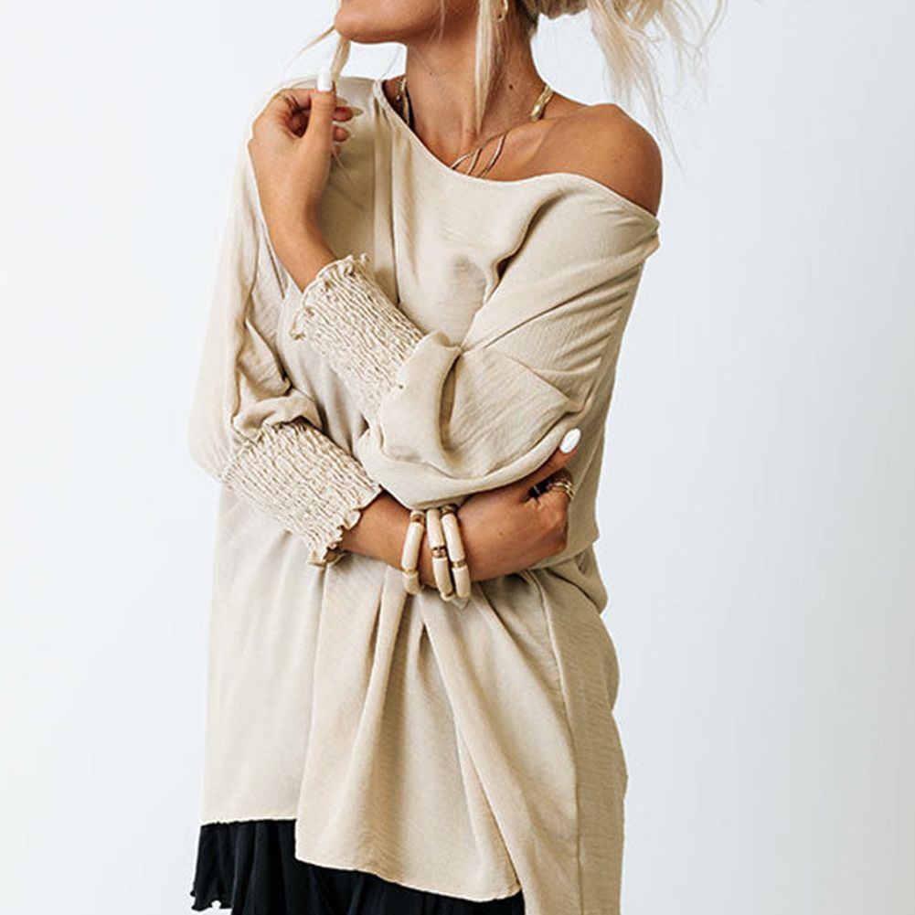 White Plain & Casual Shirred Cuffs Half Sleeve Top