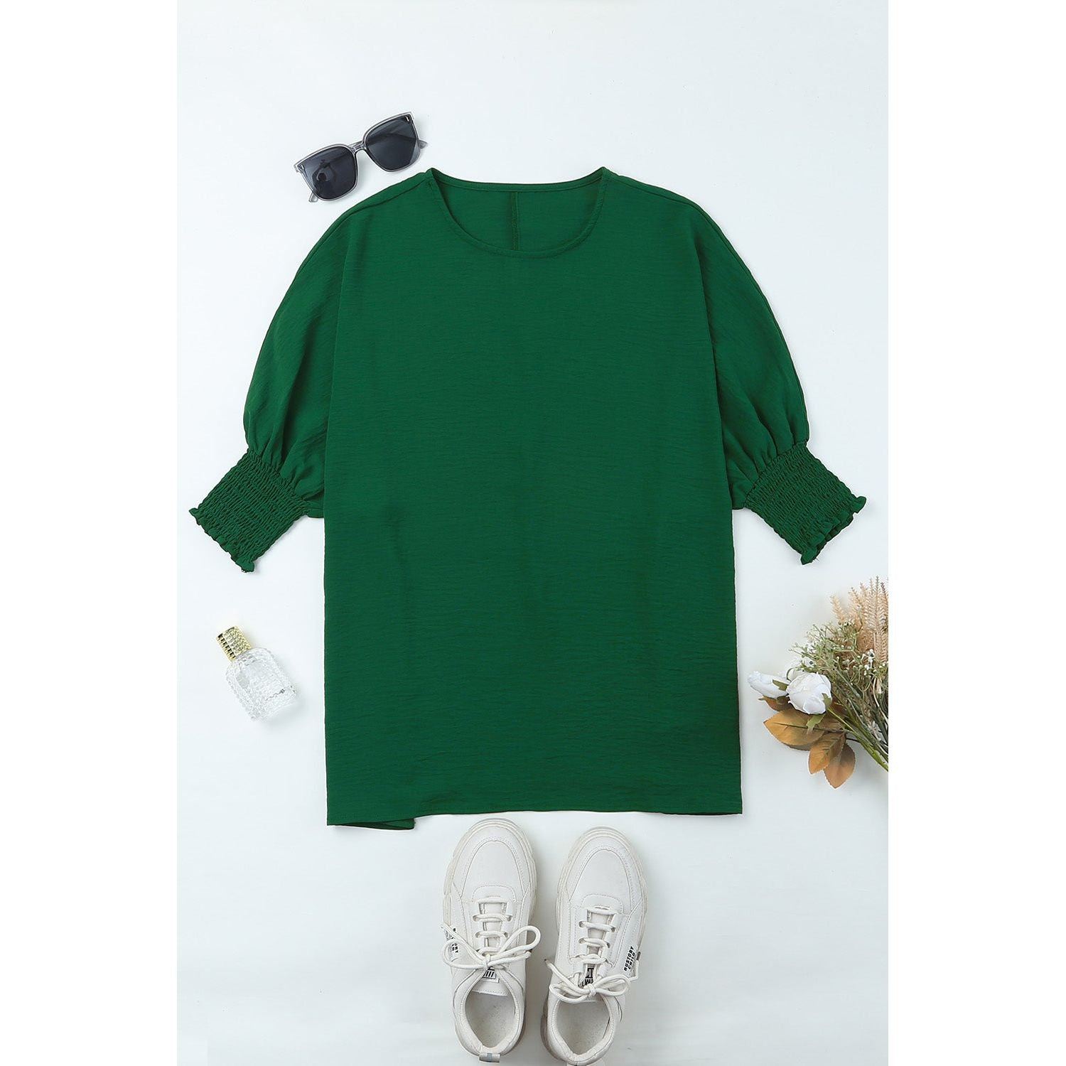 White Plain & Casual Shirred Cuffs Half Sleeve Top