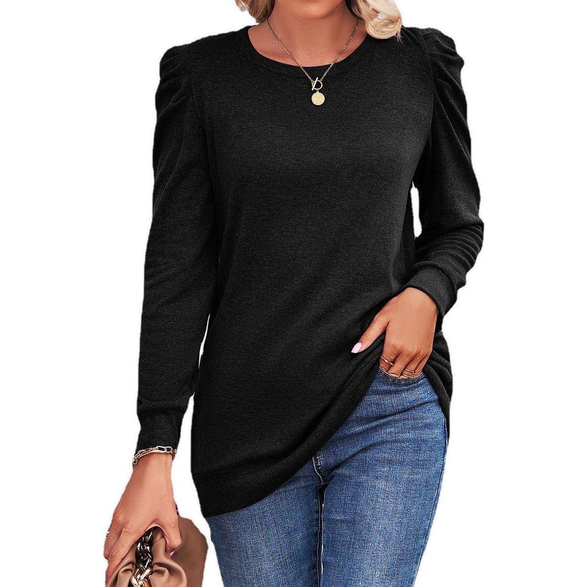 European And American Autumn And Winter New Loose Round Neck Pleated Long Sleeve Solid Color T-shirt Top Women