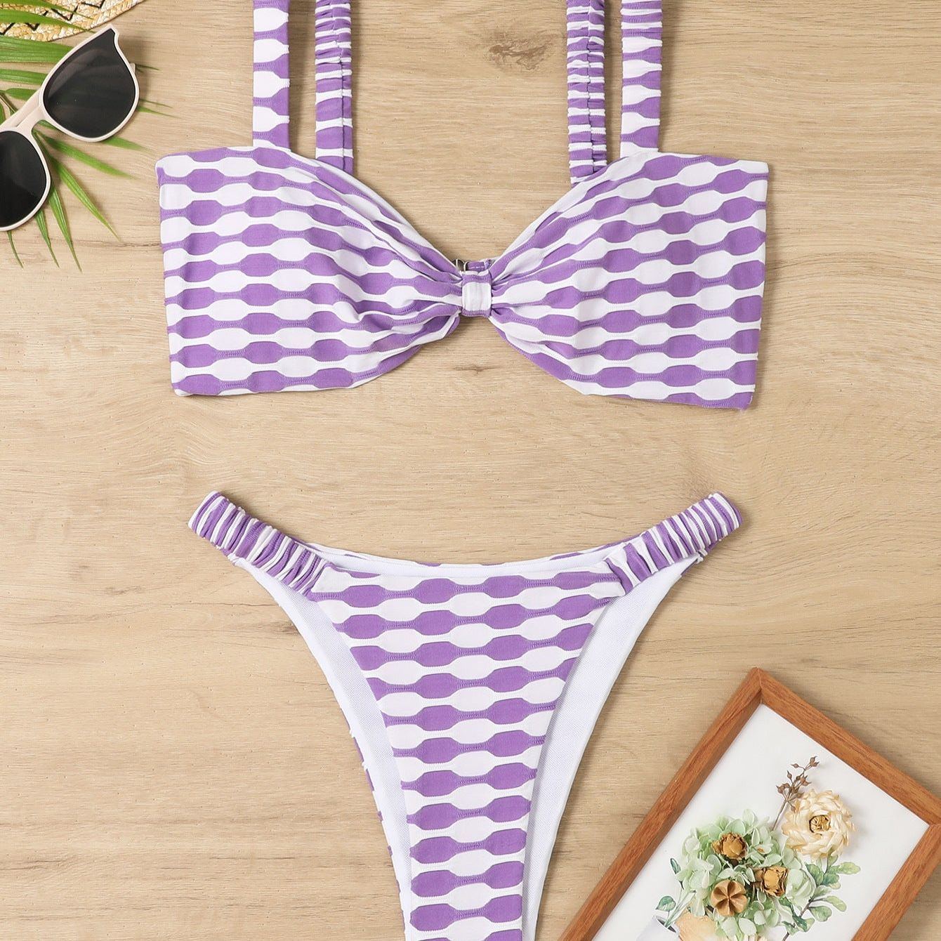 Sexy Striped Print Bikini Summer Beach Swimsuit Set Womens Clothing