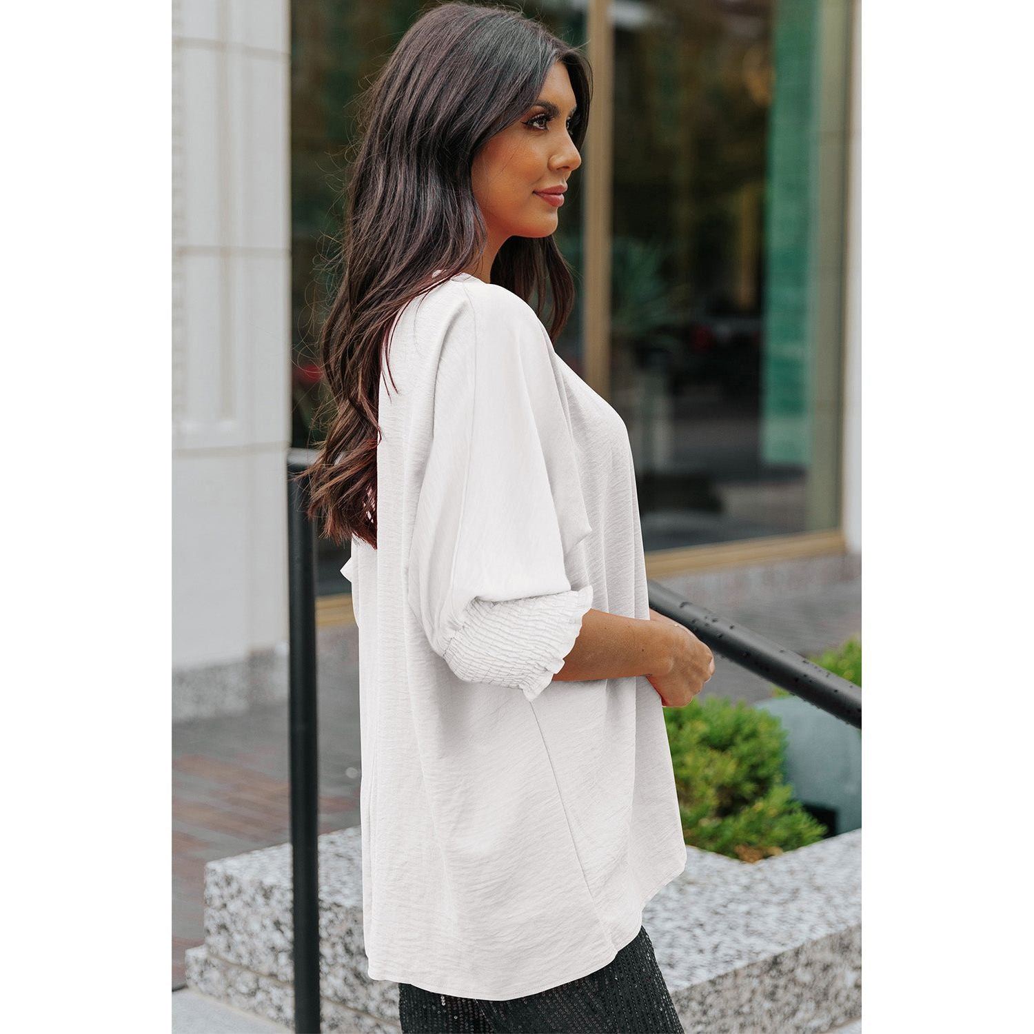 White Plain & Casual Shirred Cuffs Half Sleeve Top
