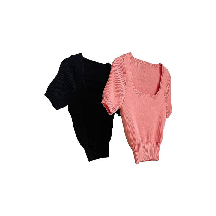Bloggerstyle Fashionable Squareneck Short Navel Tshirt Slimming Shortsleeved Knitted Top Women