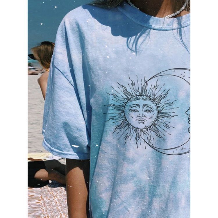 Casual Round Neck Short Sleeves Printed Tie-dyed Pullover For Women