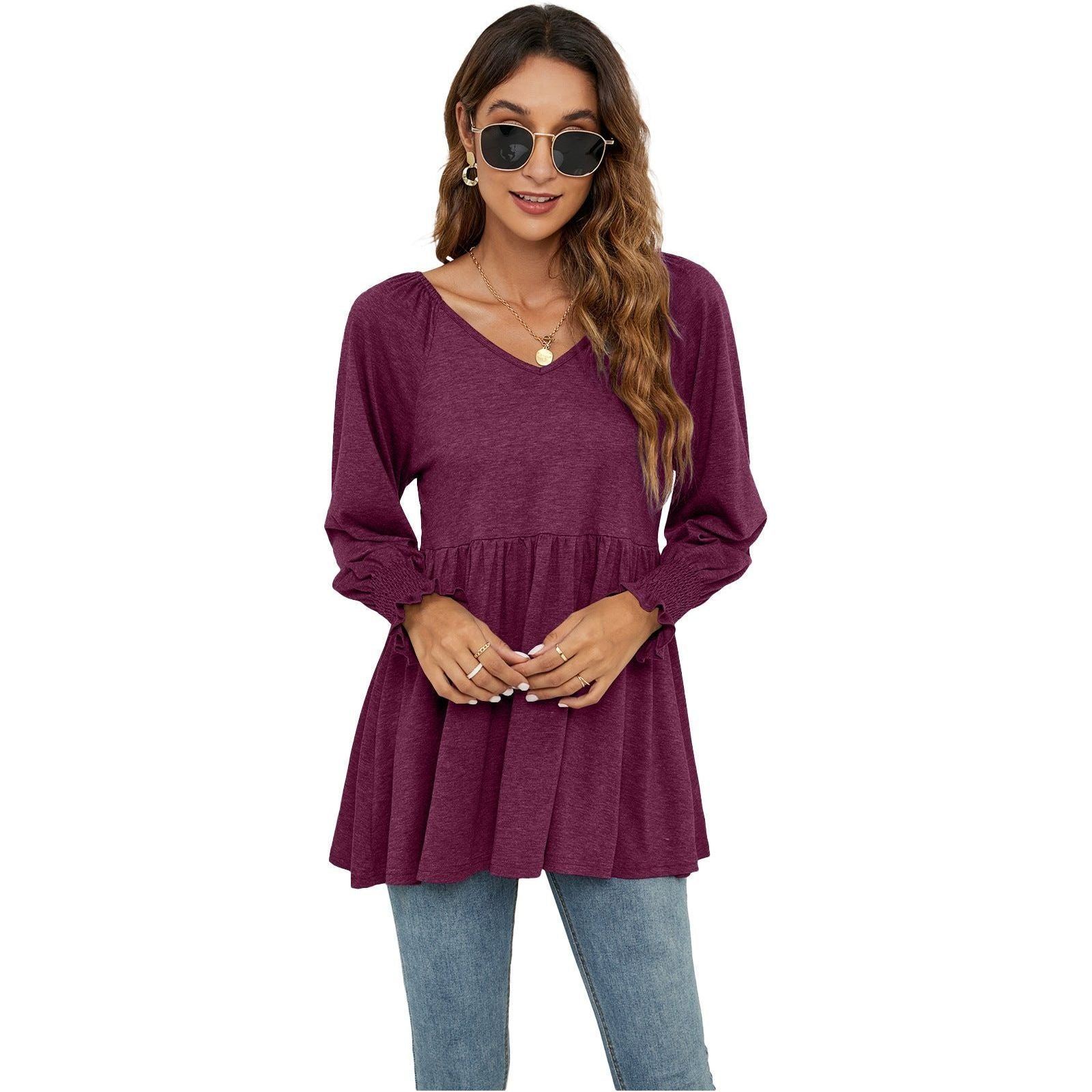 Women's New V-neck Puff Long-sleeved Tunic T-shirt - Jointcorp