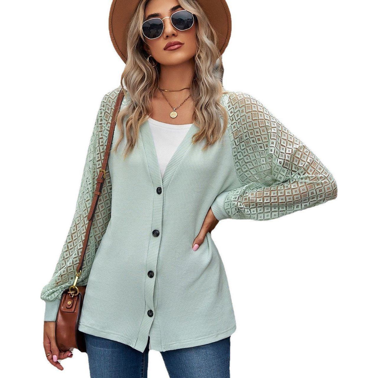 European And American Autumn And Winter Long Sleeve Solid Color Loose Button Lace Stitching Cardigan Top Women