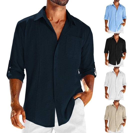 Casual Lace Polo Collar Solid Color Long Sleeve Button Men's Shirt - Jointcorp