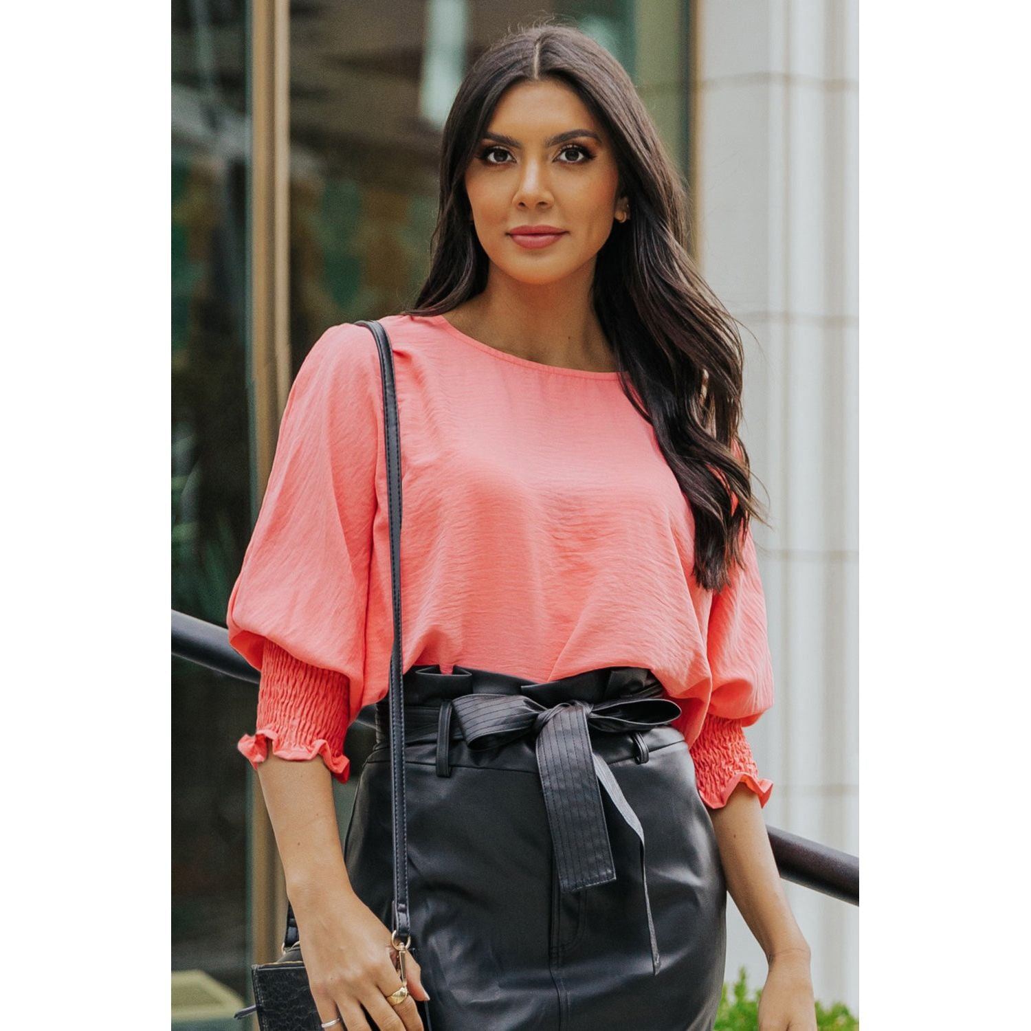 White Plain & Casual Shirred Cuffs Half Sleeve Top