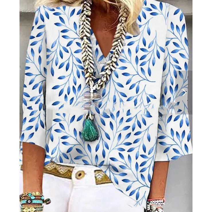 Ethnic Style V Neck Printed Women's Casual Shirt