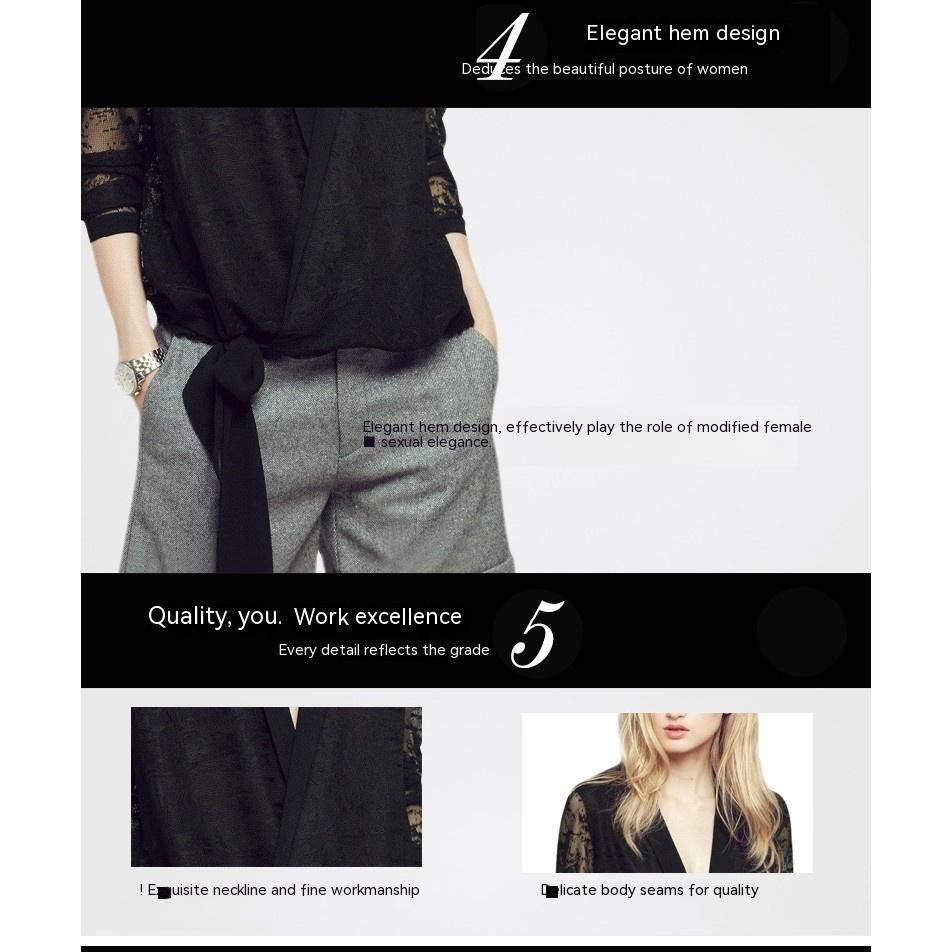 Loose Deep V-neck Hollow-out Long Sleeve Stitching Mesh Top - Jointcorp