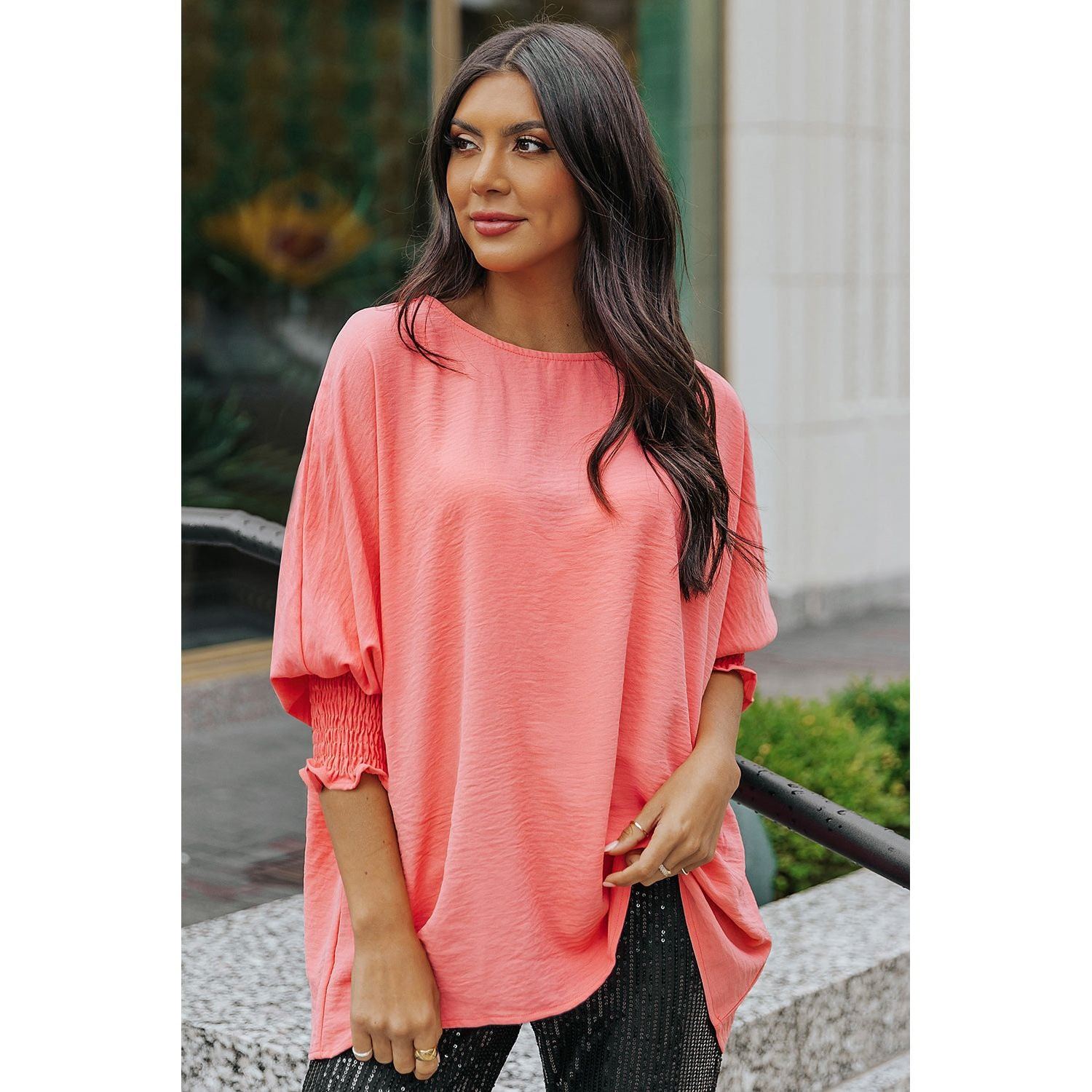 White Plain & Casual Shirred Cuffs Half Sleeve Top
