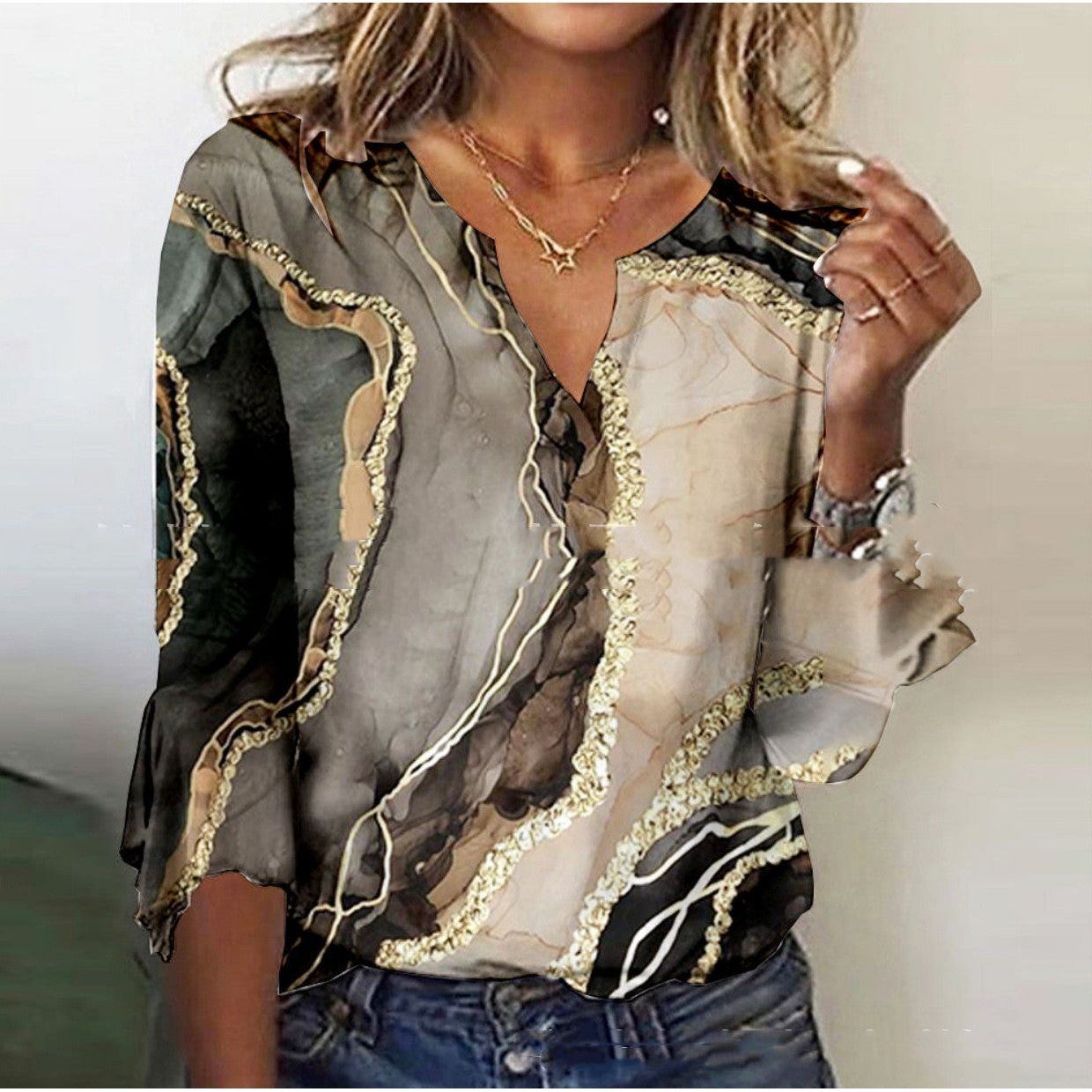 V Neck Printed Flare Sleeve T Shirt