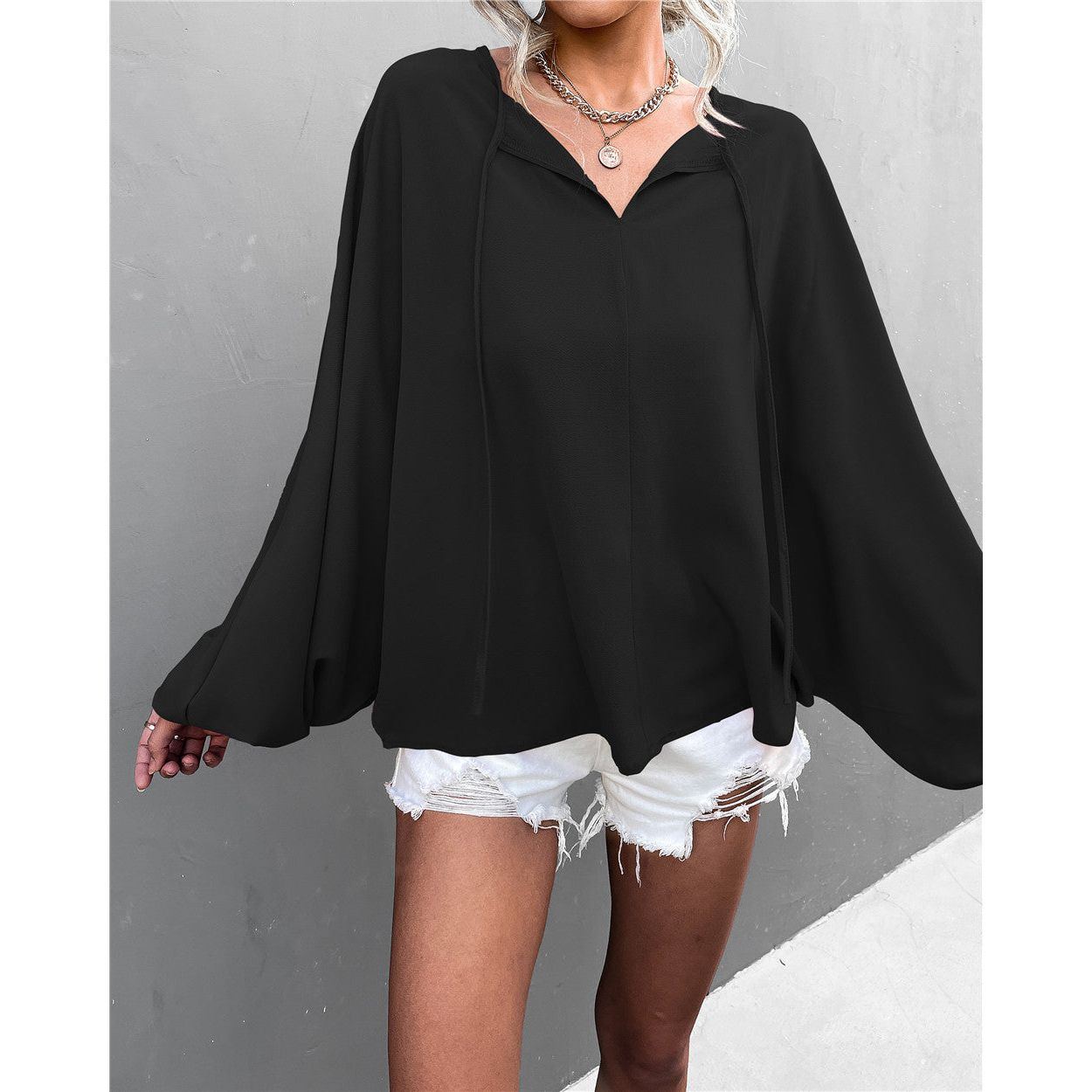 Lantern Sleeve Tied V-neck Loose Casual Top Women