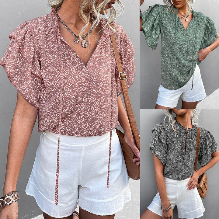 Tied V-neck Leopard Print Top Casual T-shirt - Jointcorp