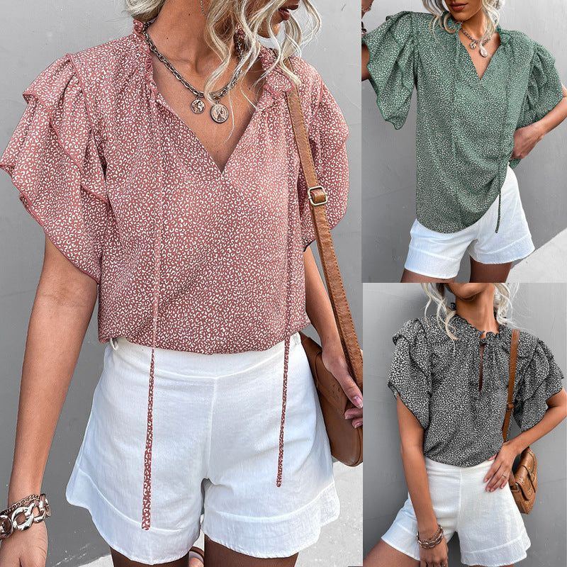 Tied V-neck Leopard Print Top Casual T-shirt - Jointcorp