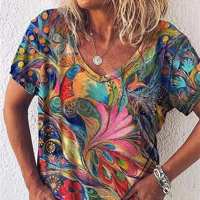 Europe And America Cross Border Summer Elegance Women's 3D Women's Abstract Painting T-shirt Pattern Graffiti