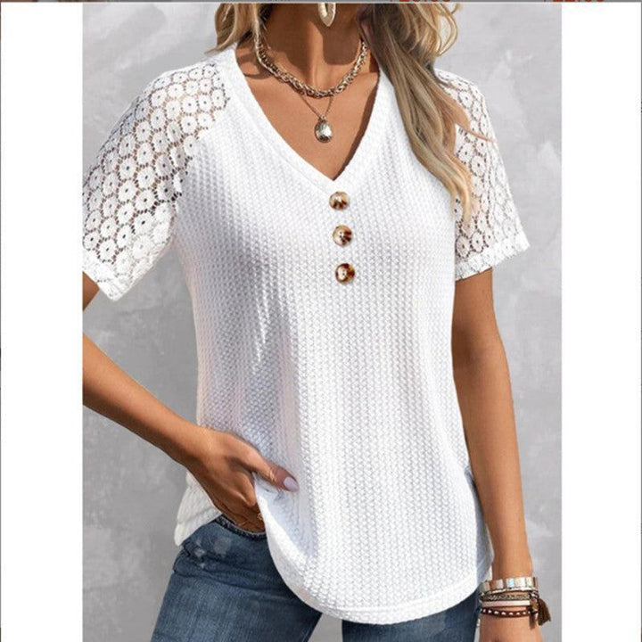 New Women's Solid Color Ruffled Short Sleeves V-neck Casual T-shirt - Jointcorp